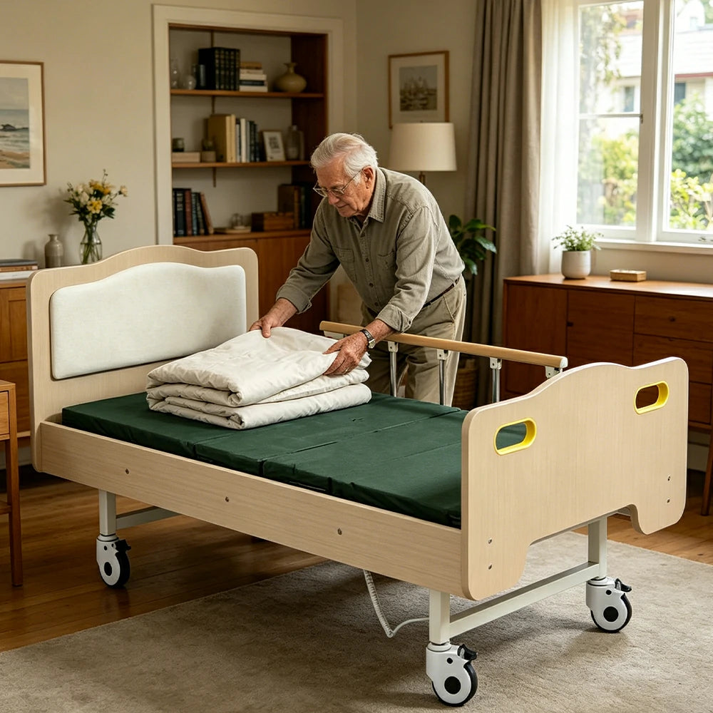 LIVARA Multifunctional Care Bed Ergonomic Adjustable Back & Leg Wood Finish for Elderly Post-surgery Home Use