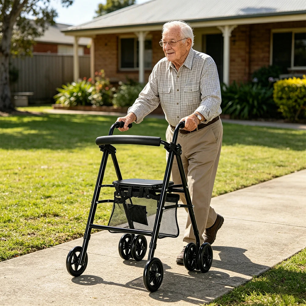 LIVARA Multifunctional Walker with Lightweight Aluminium Frame and Foldable Seat for Elderly Home and Outdoor Support