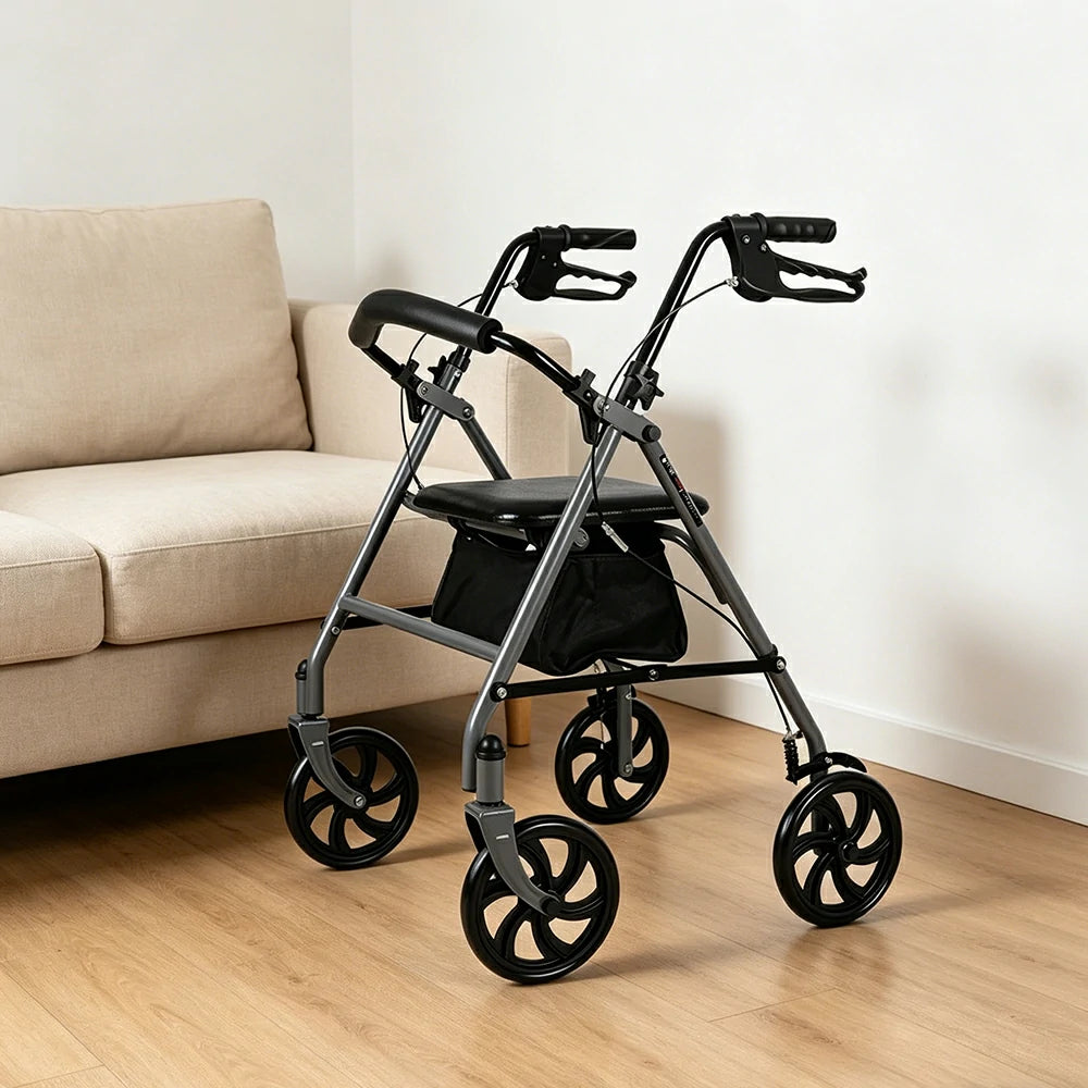 LIVARA Multifunctional Walker with Dual Brakes and Foldable Design for Stable Elderly Home and Outdoor Support - Grey