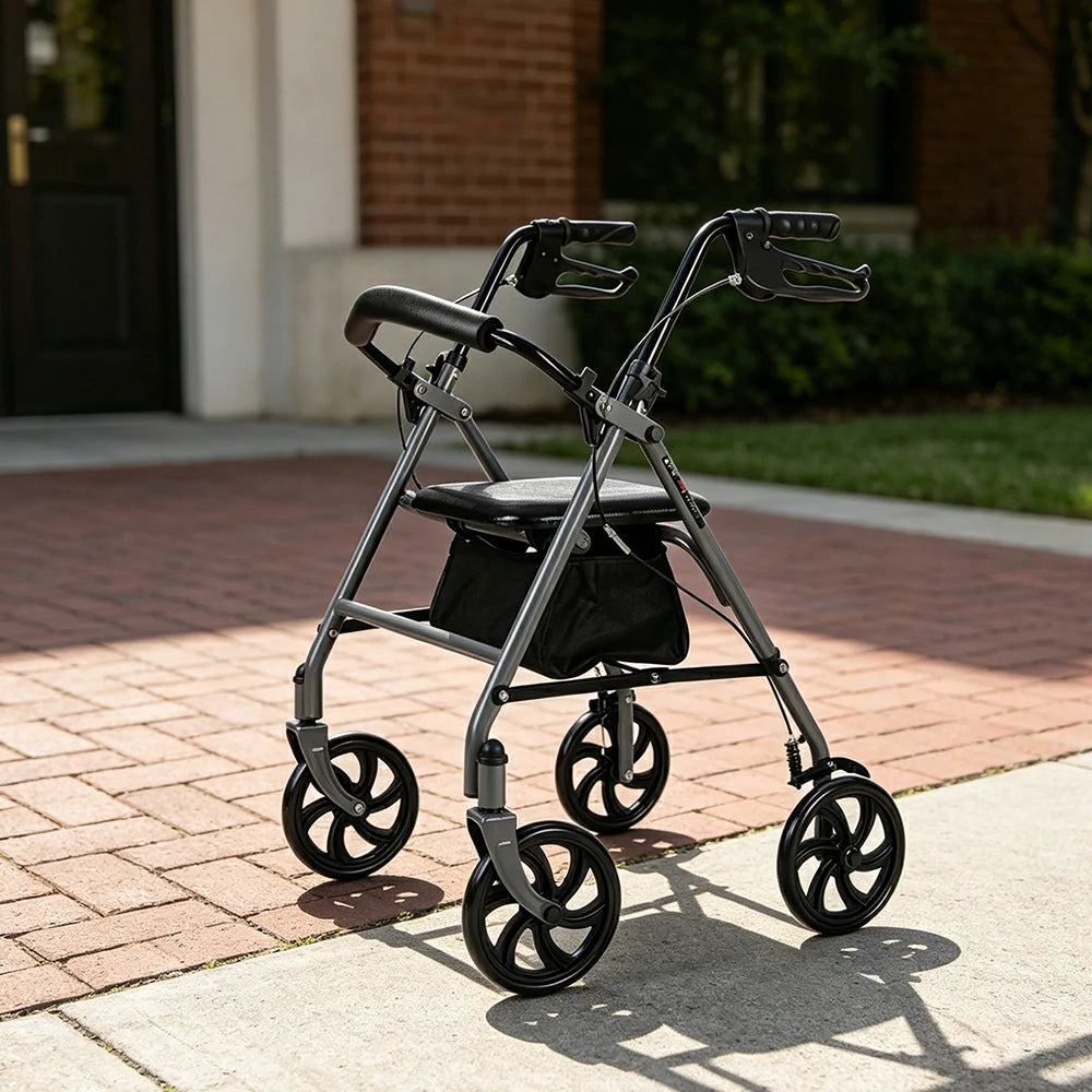 LIVARA Multifunctional Walker with Dual Brakes and Foldable Design for Stable Elderly Home and Outdoor Support - Grey