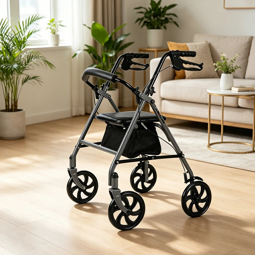 LIVARA Multifunctional Walker with Dual Brakes and Foldable Design for Stable Elderly Home and Outdoor Support - Grey