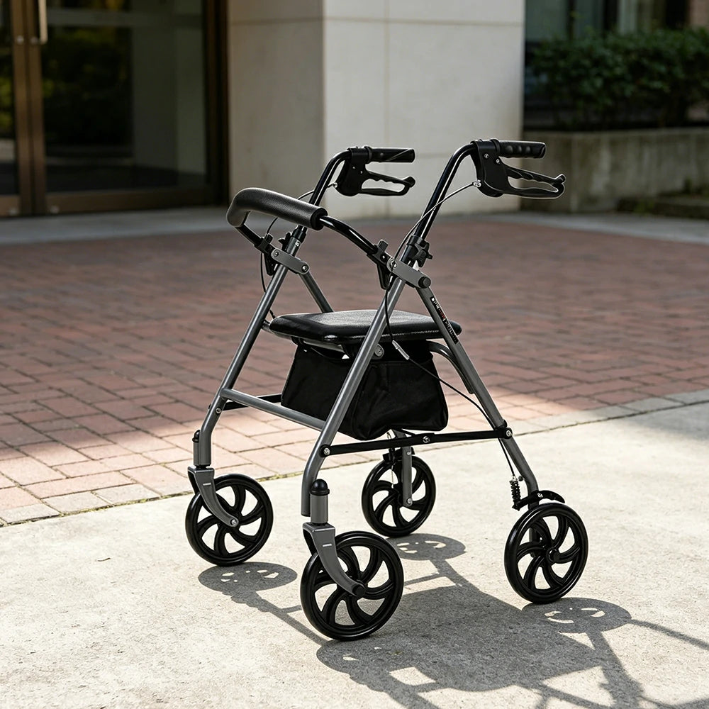 LIVARA Multifunctional Walker with Dual Brakes and Foldable Design for Stable Elderly Home and Outdoor Support - Grey