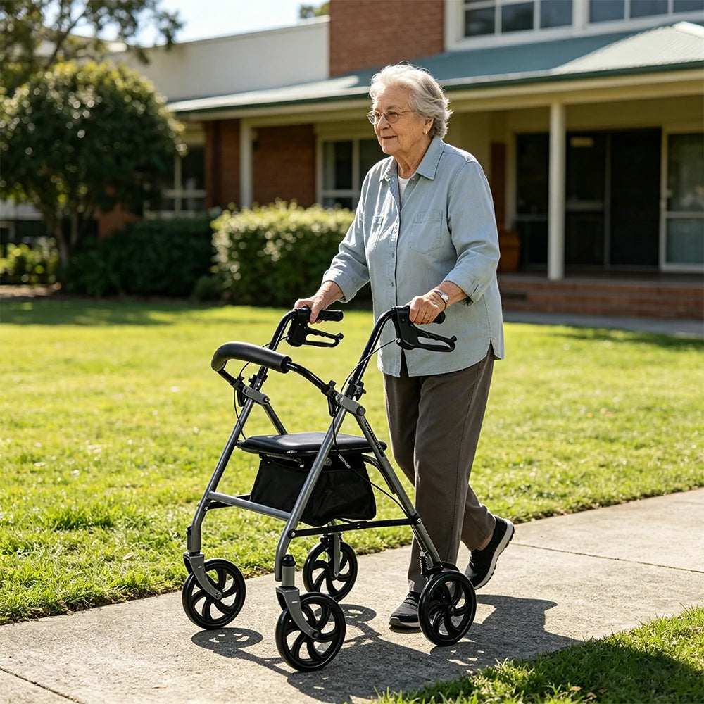 LIVARA Multifunctional Walker with Dual Brakes and Foldable Design for Stable Elderly Home and Outdoor Support - Grey