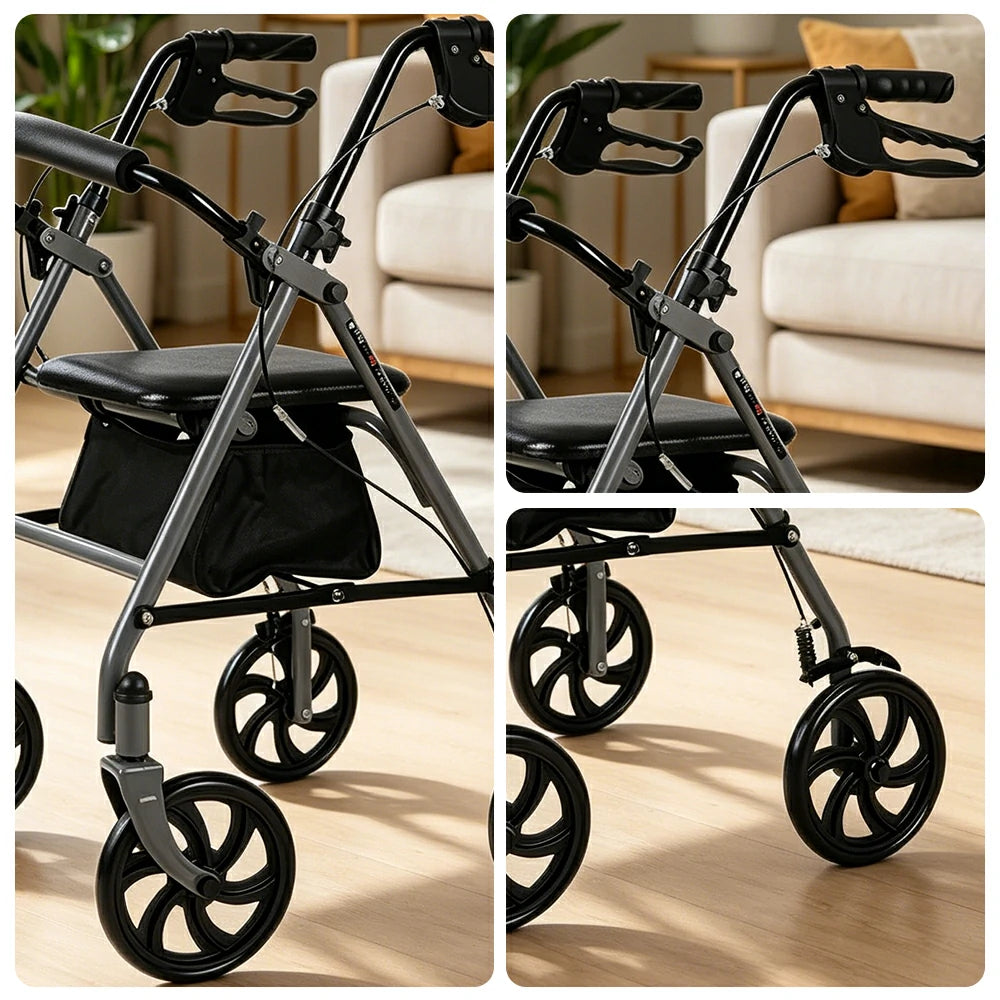 LIVARA Multifunctional Walker with Dual Brakes and Foldable Design for Stable Elderly Home and Outdoor Support - Grey