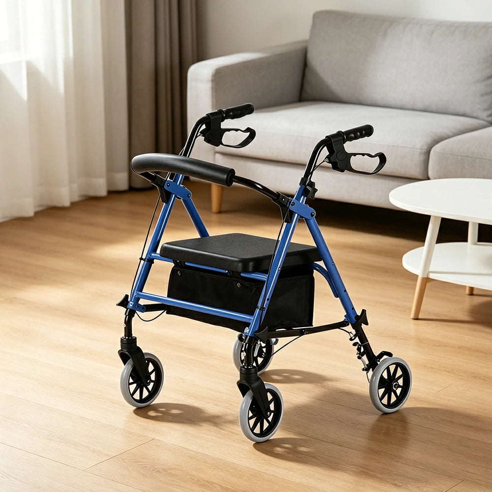 LIVARA Multifunctional Walker with Dual Brakes and Foldable Design for Stable Elderly Home and Outdoor Support - Blue