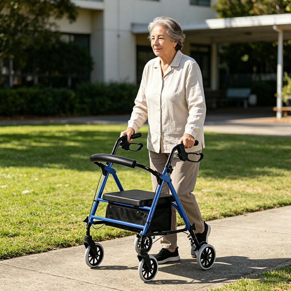 LIVARA Multifunctional Walker with Dual Brakes and Foldable Design for Stable Elderly Home and Outdoor Support - Blue