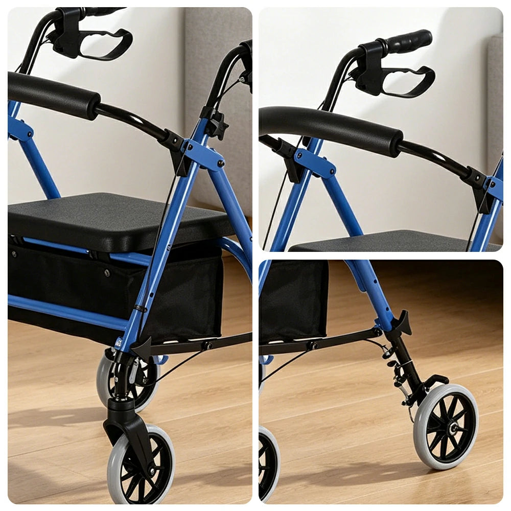 LIVARA Multifunctional Walker with Dual Brakes and Foldable Design for Stable Elderly Home and Outdoor Support - Blue