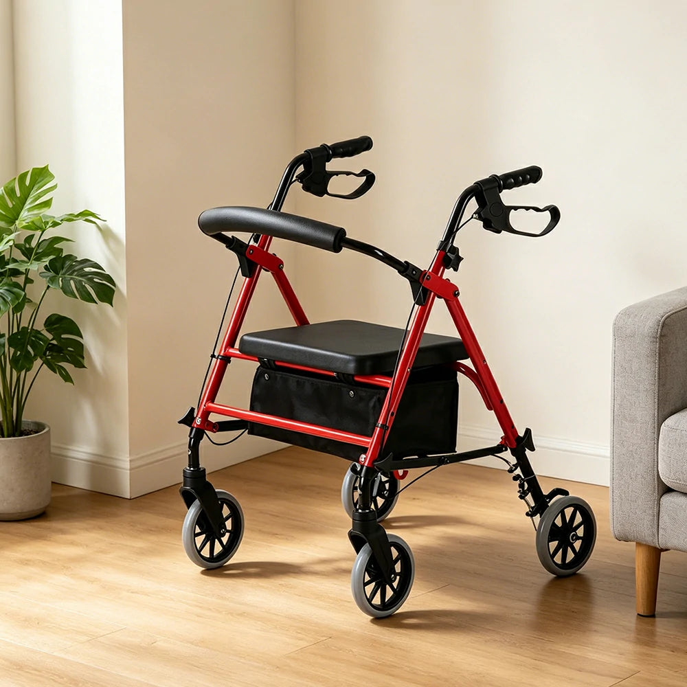 LIVARA Multifunctional Walker with Dual Brakes and Foldable Design for Stable Elderly Home and Outdoor Support - Red