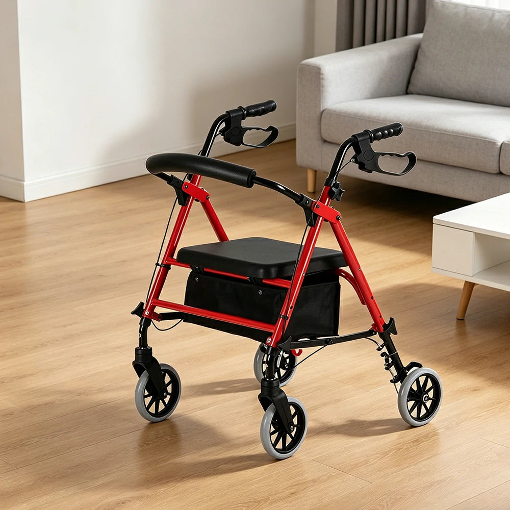 LIVARA Multifunctional Walker with Dual Brakes and Foldable Design for Stable Elderly Home and Outdoor Support - Red