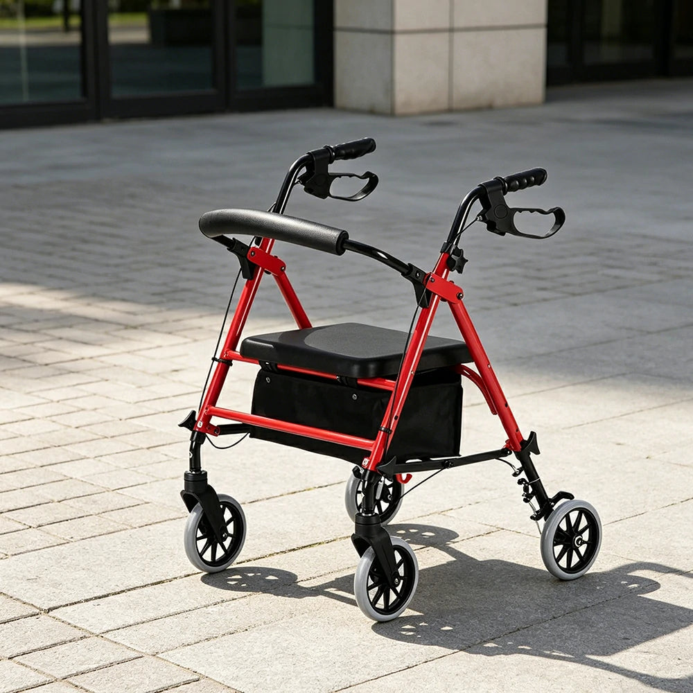 LIVARA Multifunctional Walker with Dual Brakes and Foldable Design for Stable Elderly Home and Outdoor Support - Red