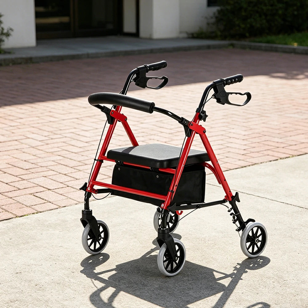 LIVARA Multifunctional Walker with Dual Brakes and Foldable Design for Stable Elderly Home and Outdoor Support - Red