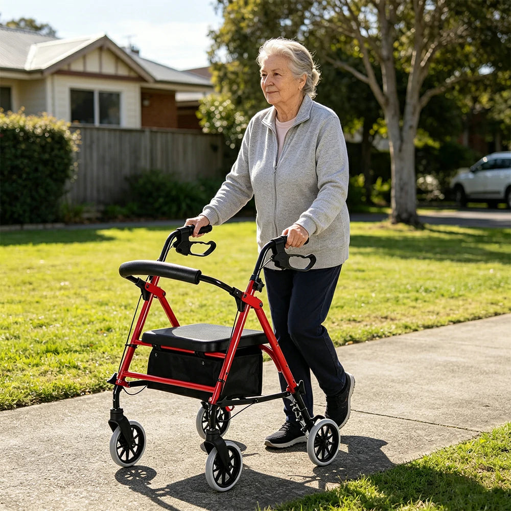 LIVARA Multifunctional Walker with Dual Brakes and Foldable Design for Stable Elderly Home and Outdoor Support - Red