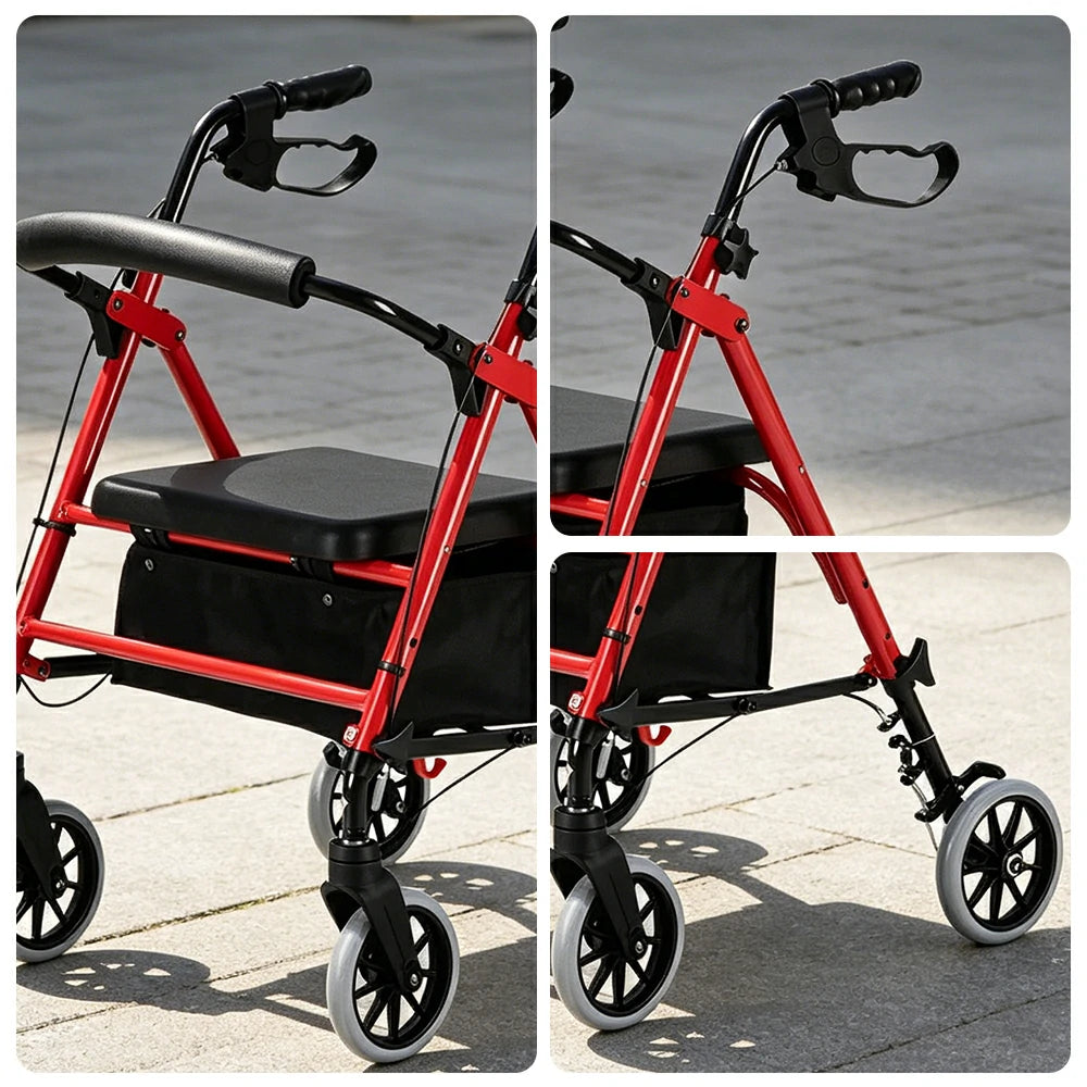LIVARA Multifunctional Walker with Dual Brakes and Foldable Design for Stable Elderly Home and Outdoor Support - Red