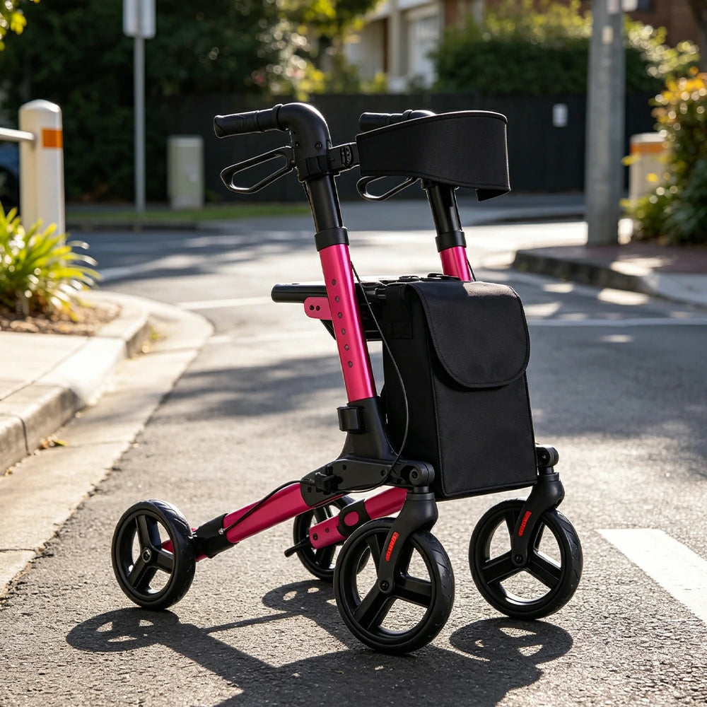 LIVARA Lightweight Walker with Aviation Aluminium Frame and Foldable Seat for Elderly Home and Outdoor Support - Rose Red