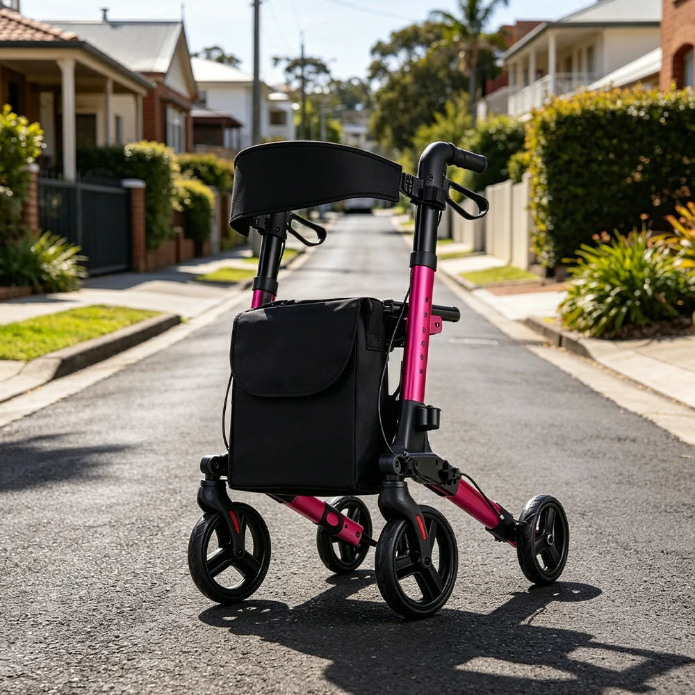 LIVARA Lightweight Walker with Aviation Aluminium Frame and Foldable Seat for Elderly Home and Outdoor Support - Rose Red