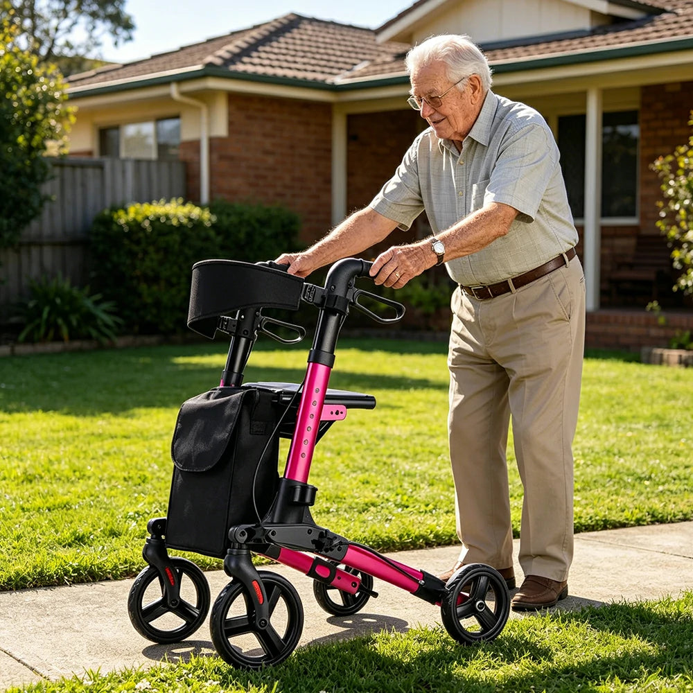 LIVARA Lightweight Walker with Aviation Aluminium Frame and Foldable Seat for Elderly Home and Outdoor Support - Rose Red