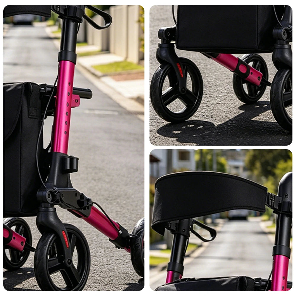 LIVARA Lightweight Walker with Aviation Aluminium Frame and Foldable Seat for Elderly Home and Outdoor Support - Rose Red