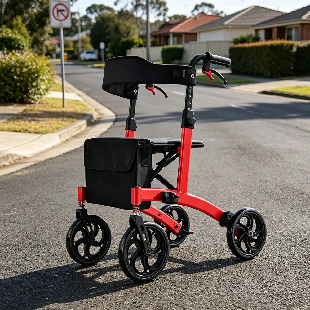LIVARA Lightweight Walker with Aviation Aluminium Frame and Foldable Seat for Elderly Home and Outdoor Support - Red
