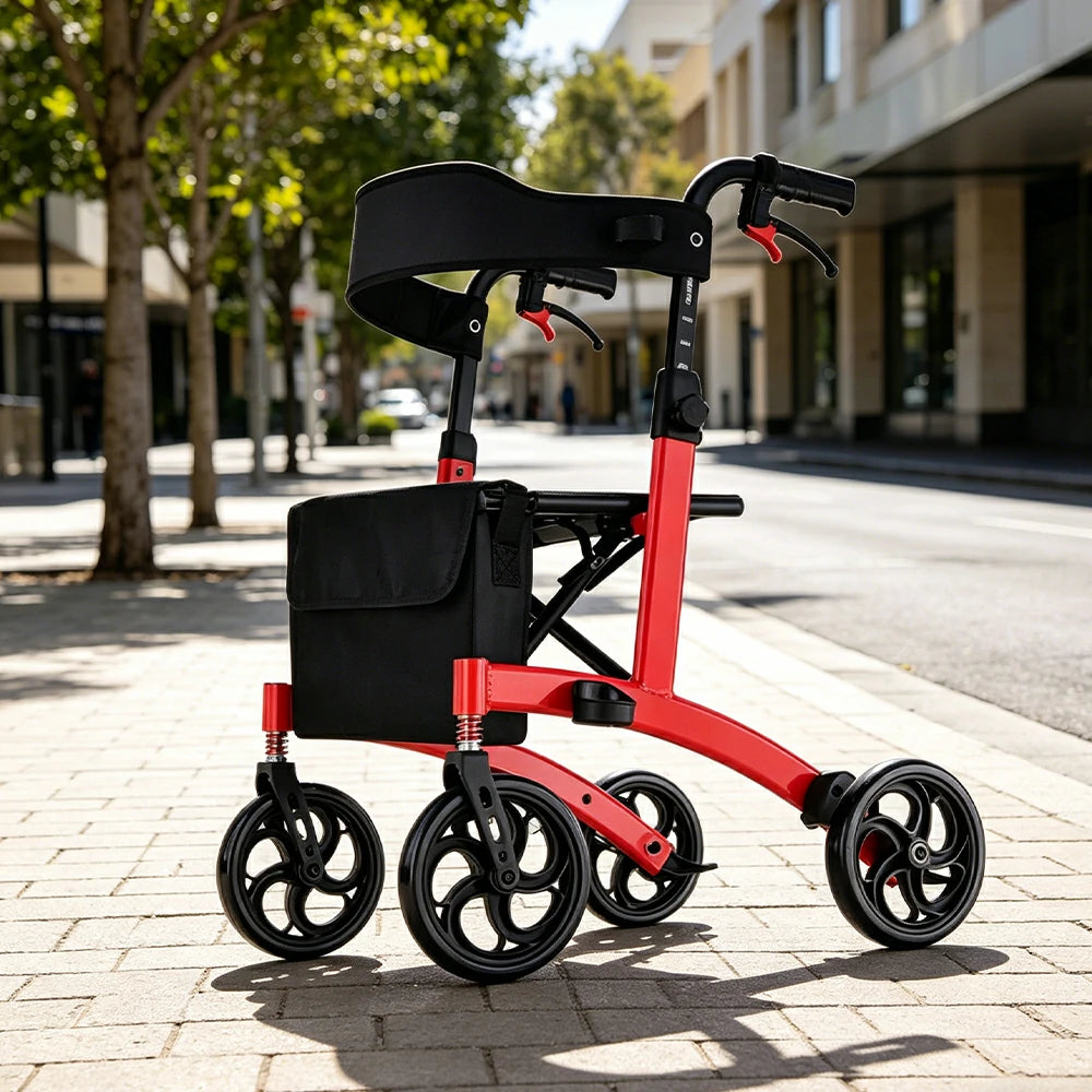 LIVARA Lightweight Walker with Aviation Aluminium Frame and Foldable Seat for Elderly Home and Outdoor Support - Red