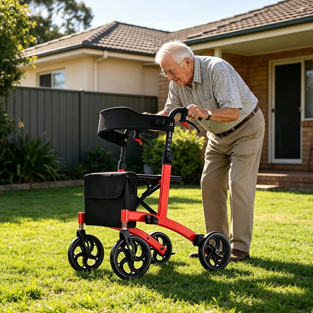 LIVARA Lightweight Walker with Aviation Aluminium Frame and Foldable Seat for Elderly Home and Outdoor Support - Red