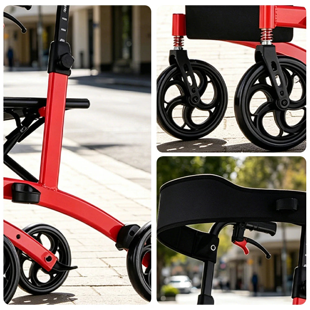 LIVARA Lightweight Walker with Aviation Aluminium Frame and Foldable Seat for Elderly Home and Outdoor Support - Red