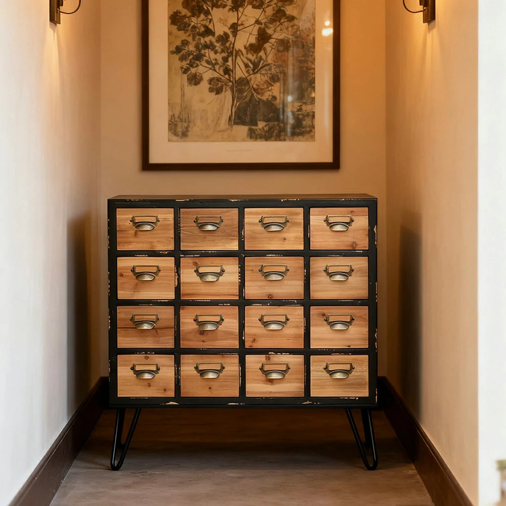 LIVARA Vintage Wooden Storage Cabinet Multi Drawer Organizer Solid Wood Rustic Cabinet with Label Holders