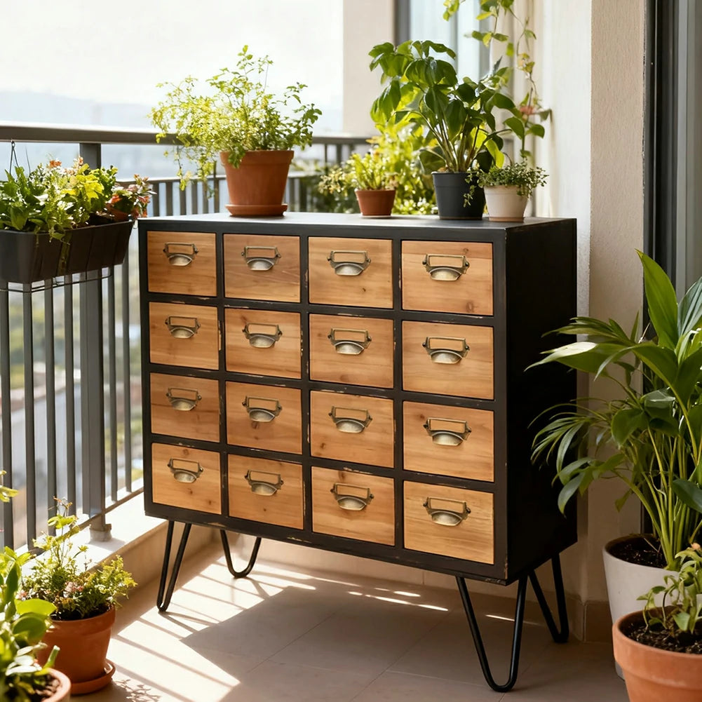 LIVARA Vintage Wooden Storage Cabinet Multi Drawer Organizer Solid Wood Rustic Cabinet with Label Holders