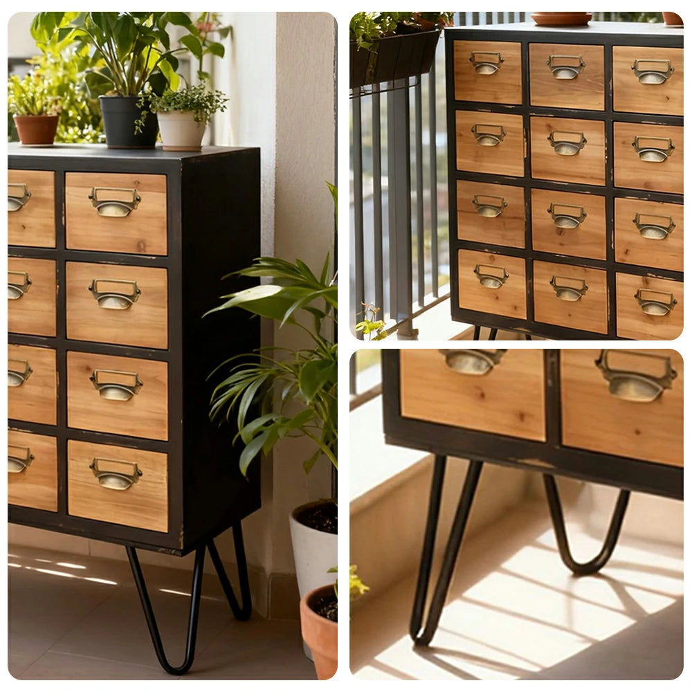 LIVARA Vintage Wooden Storage Cabinet Multi Drawer Organizer Solid Wood Rustic Cabinet with Label Holders
