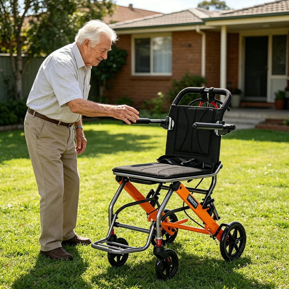 LIVARA Lightweight Foldable Walker with Pull-Handle Design and Aluminium Frame for Daily Mobility and Travel Support - Orange
