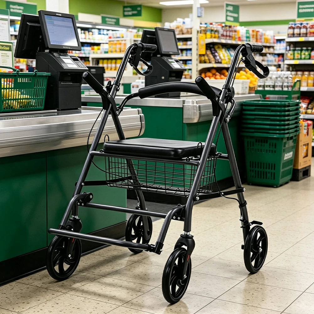 LIVARA Multifunctional Walker with Dual Hand Brakes, Shopping Basket and Foldable Design for Home Care and Daily Mobility
