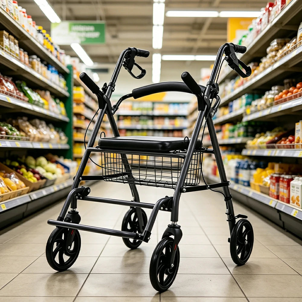 LIVARA Multifunctional Walker with Dual Hand Brakes, Shopping Basket and Foldable Design for Home Care and Daily Mobility