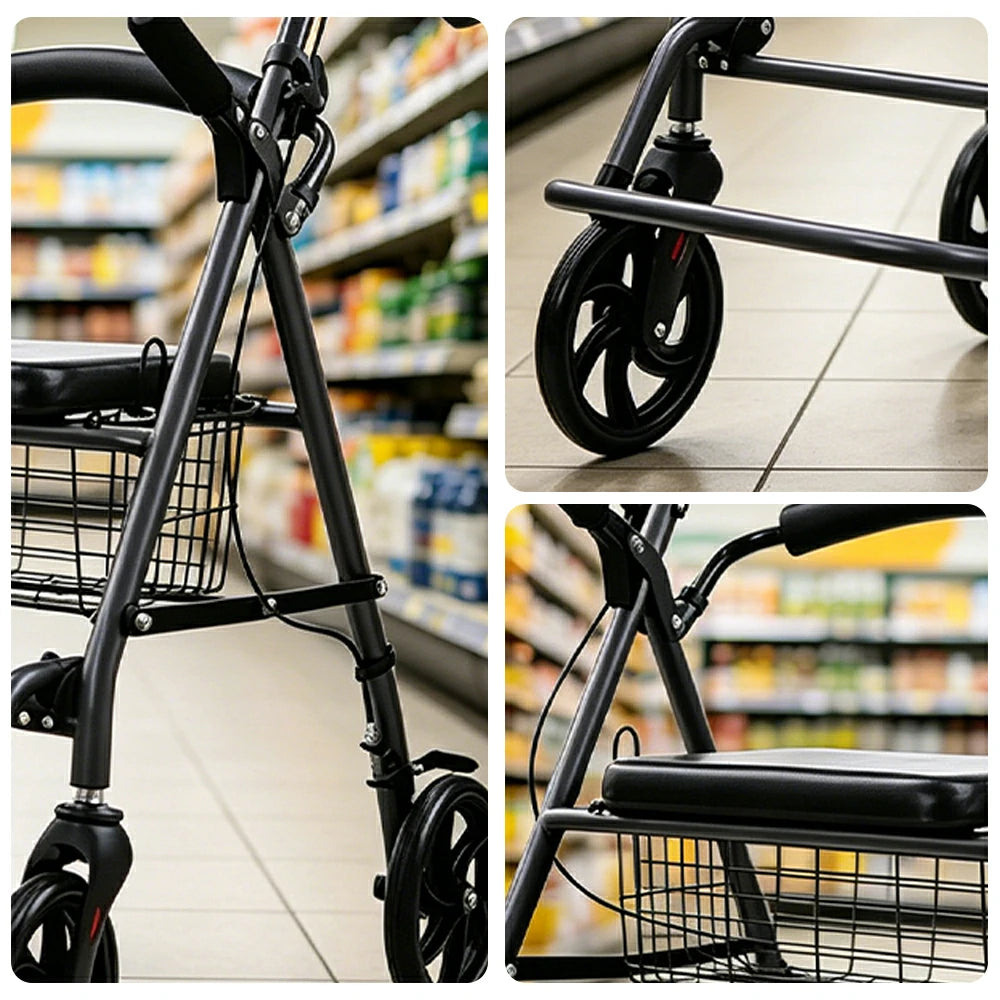 LIVARA Multifunctional Walker with Dual Hand Brakes, Shopping Basket and Foldable Design for Home Care and Daily Mobility