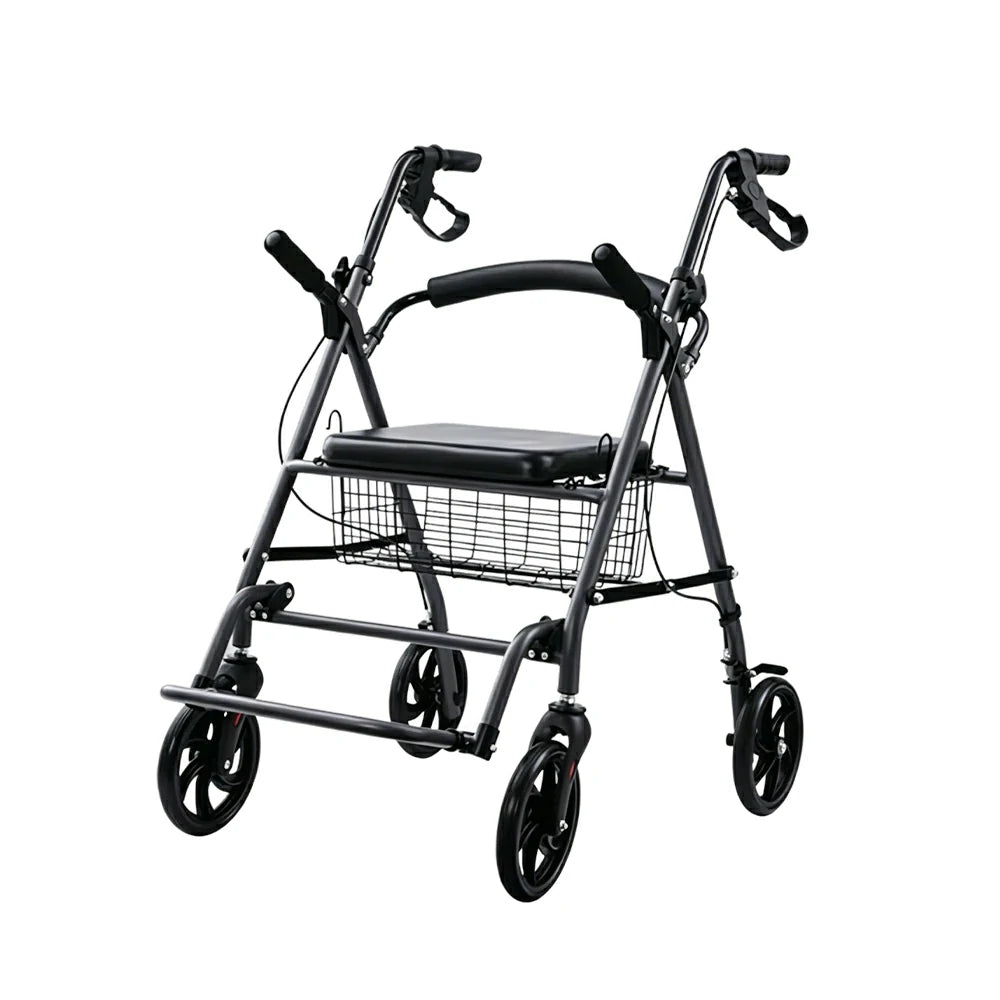 LIVARA Multifunctional Walker with Dual Hand Brakes, Shopping Basket and Foldable Design for Home Care and Daily Mobility