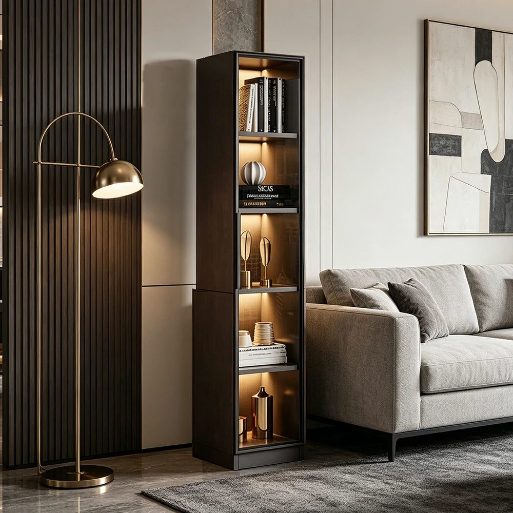 LIVARA 5-Tier Display Cabinet - Tempered Glass Door Storage with LED Lighting & Slim Space-Saving Design for Living Room - Light Grey