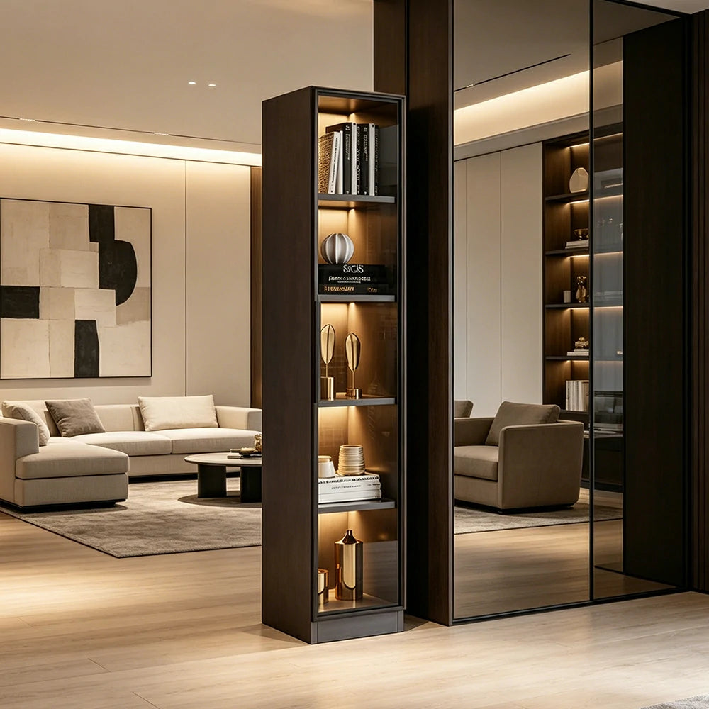 LIVARA 5-Tier Display Cabinet - Tempered Glass Door Storage with LED Lighting & Slim Space-Saving Design for Living Room - Light Grey