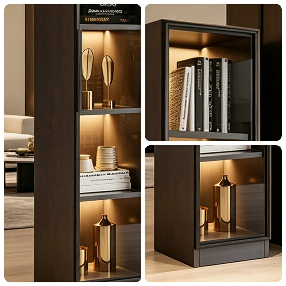 LIVARA 5-Tier Display Cabinet - Tempered Glass Door Storage with LED Lighting & Slim Space-Saving Design for Living Room - Light Grey