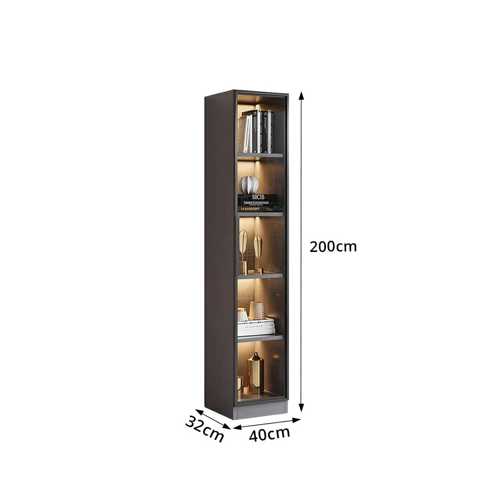 LIVARA 5-Tier Display Cabinet - Tempered Glass Door Storage with LED Lighting & Slim Space-Saving Design for Living Room - Light Grey