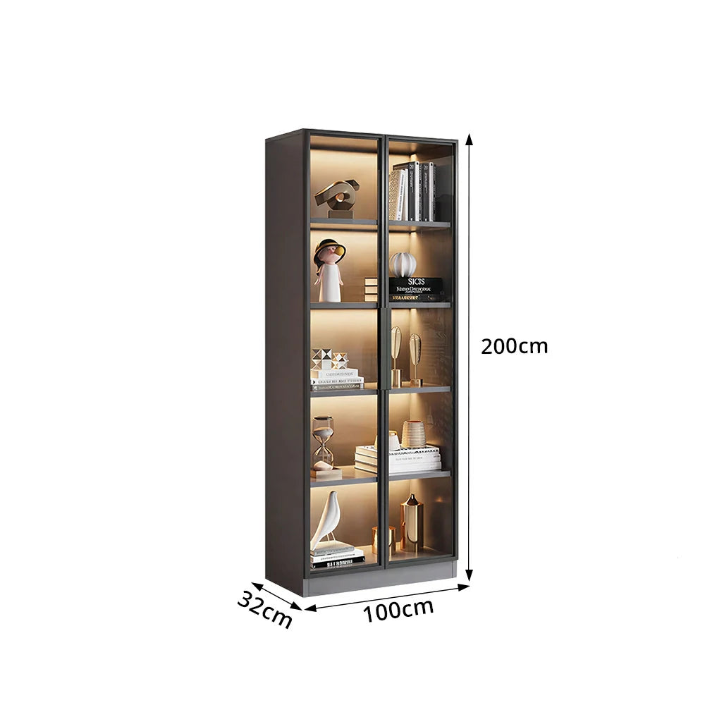 LIVARA 80/100cm 5-Tier Display Cabinet - Double Door Tempered Glass Storage with LED Lighting for Living Room - Light Grey