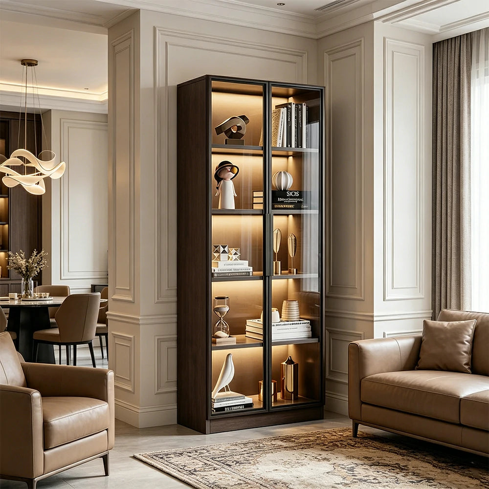 LIVARA 80/100cm 5-Tier Display Cabinet - Double Door Tempered Glass Storage with LED Lighting for Living Room - Light Grey