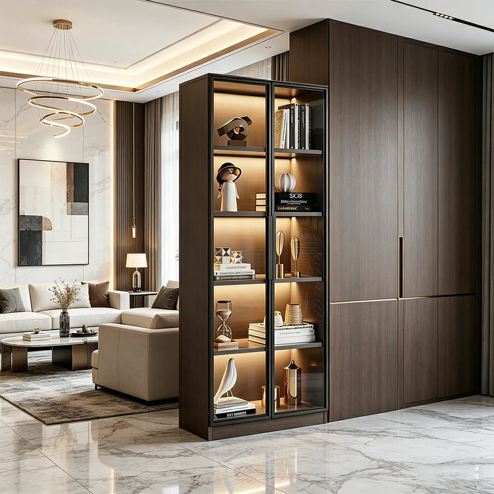 LIVARA 80/100cm 5-Tier Display Cabinet - Double Door Tempered Glass Storage with LED Lighting for Living Room - Light Grey