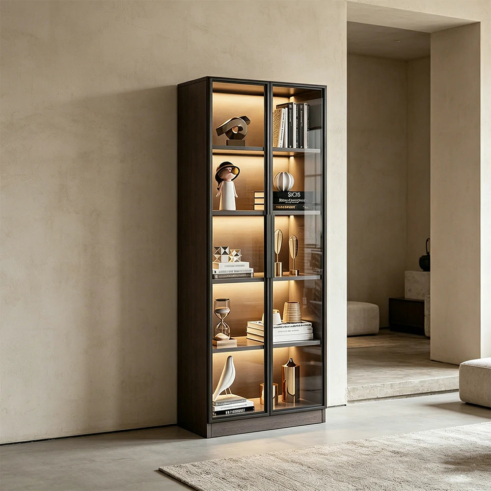 LIVARA 80/100cm 5-Tier Display Cabinet - Double Door Tempered Glass Storage with LED Lighting for Living Room - Light Grey