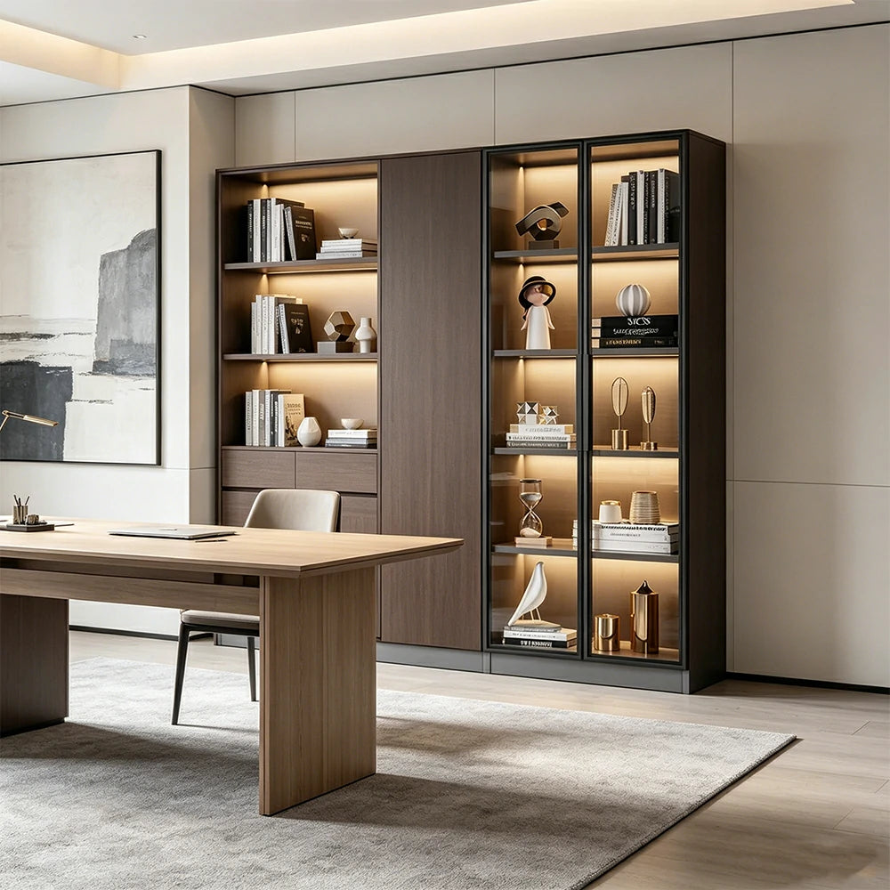 LIVARA 80/100cm 5-Tier Display Cabinet - Double Door Tempered Glass Storage with LED Lighting for Living Room - Light Grey