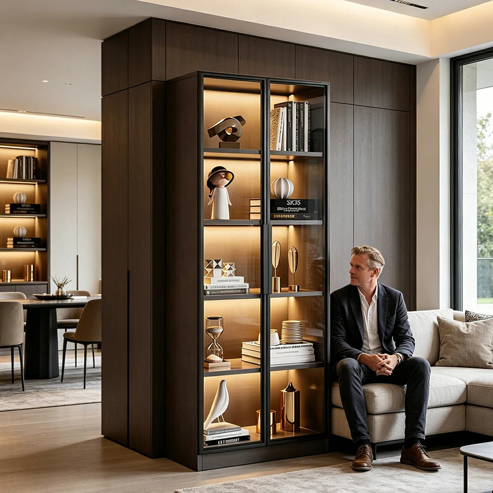 LIVARA 80/100cm 5-Tier Display Cabinet - Double Door Tempered Glass Storage with LED Lighting for Living Room - Light Grey