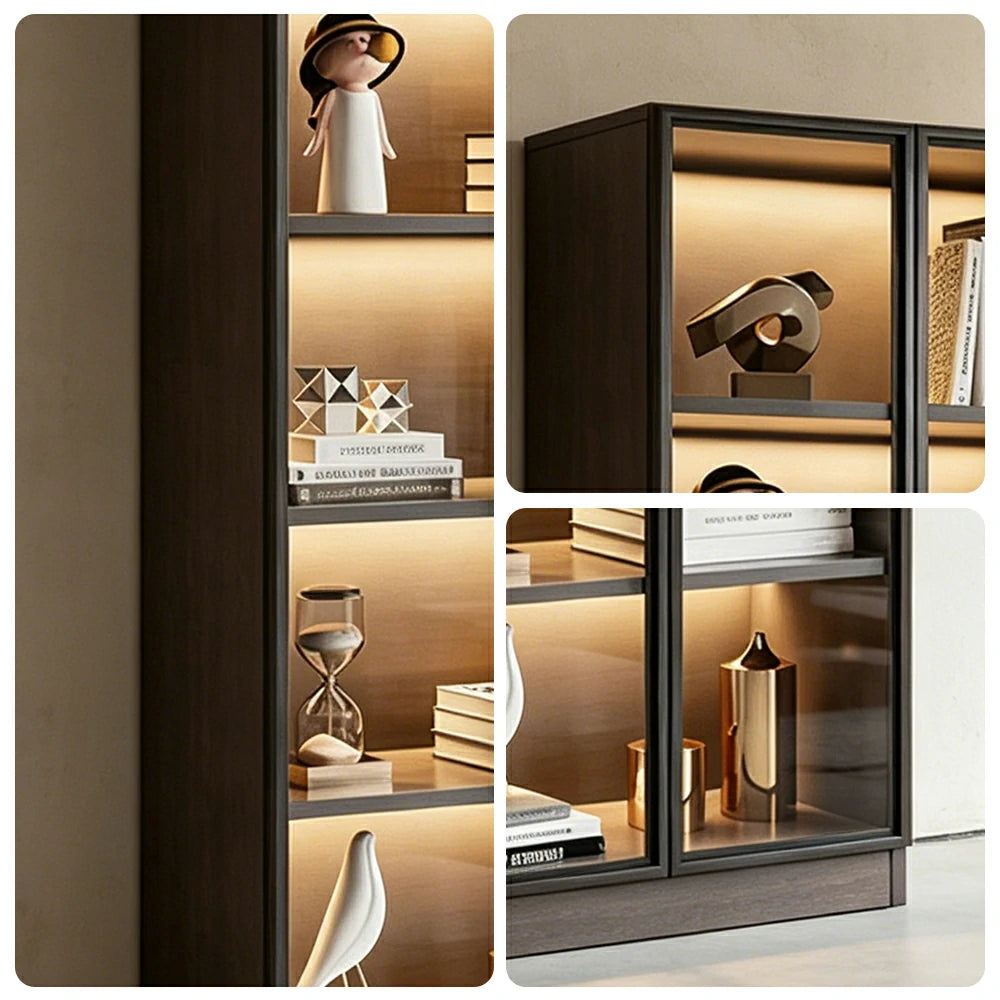 LIVARA 80/100cm 5-Tier Display Cabinet - Double Door Tempered Glass Storage with LED Lighting for Living Room - Light Grey