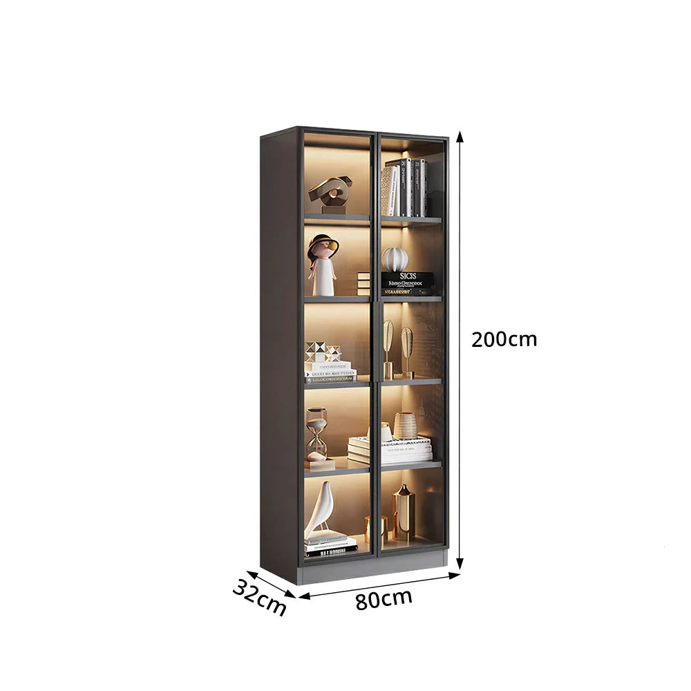 LIVARA 80/100cm 5-Tier Display Cabinet - Double Door Tempered Glass Storage with LED Lighting for Living Room - Light Grey