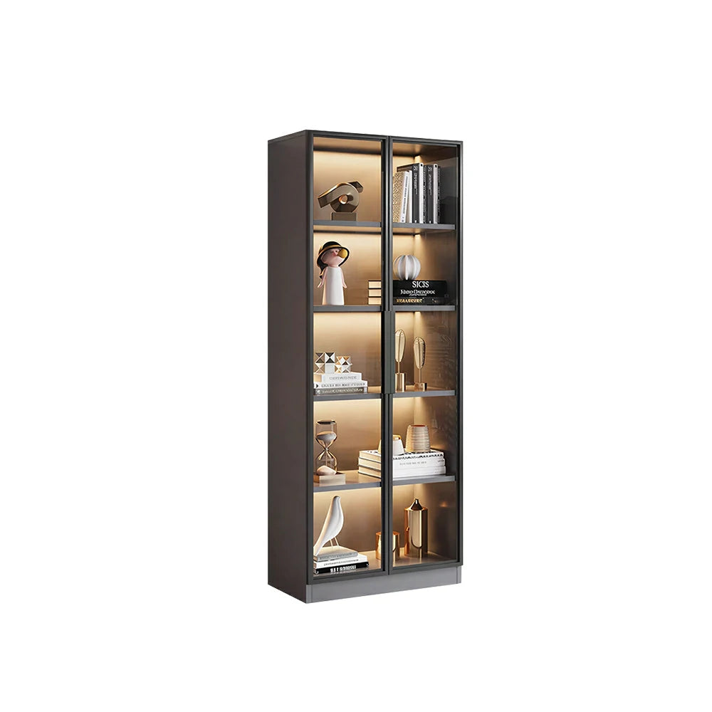 LIVARA 80/100cm 5-Tier Display Cabinet - Double Door Tempered Glass Storage with LED Lighting for Living Room - Light Grey