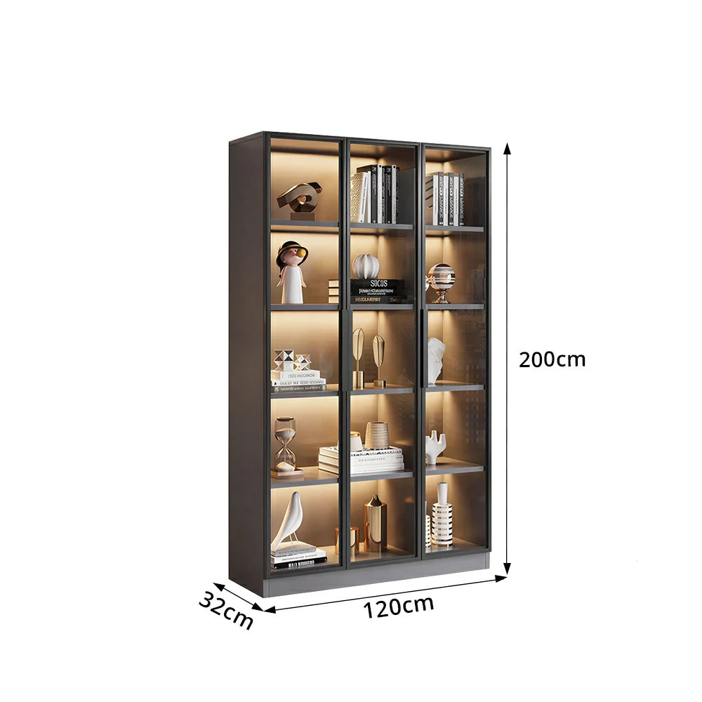 LIVARA 90/120cm 5-Tier Display Cabinet - Triple Door Tempered Glass Storage with LED Lighting for Living Room - Light Grey