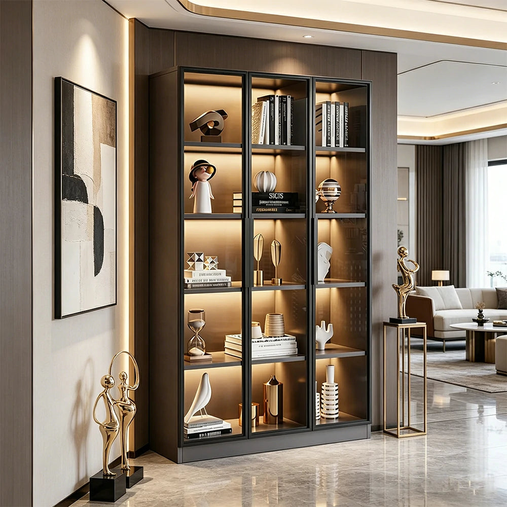 LIVARA 90/120cm 5-Tier Display Cabinet - Triple Door Tempered Glass Storage with LED Lighting for Living Room - Light Grey