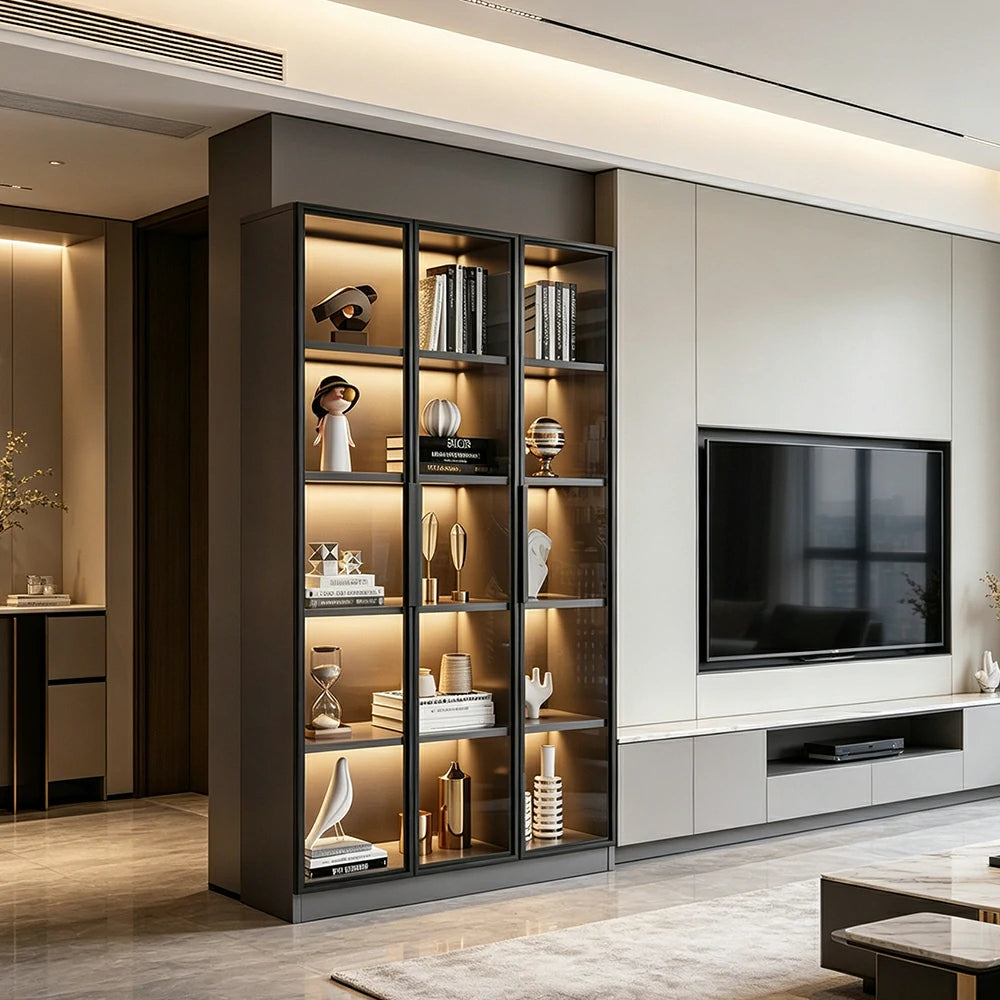 LIVARA 90/120cm 5-Tier Display Cabinet - Triple Door Tempered Glass Storage with LED Lighting for Living Room - Light Grey