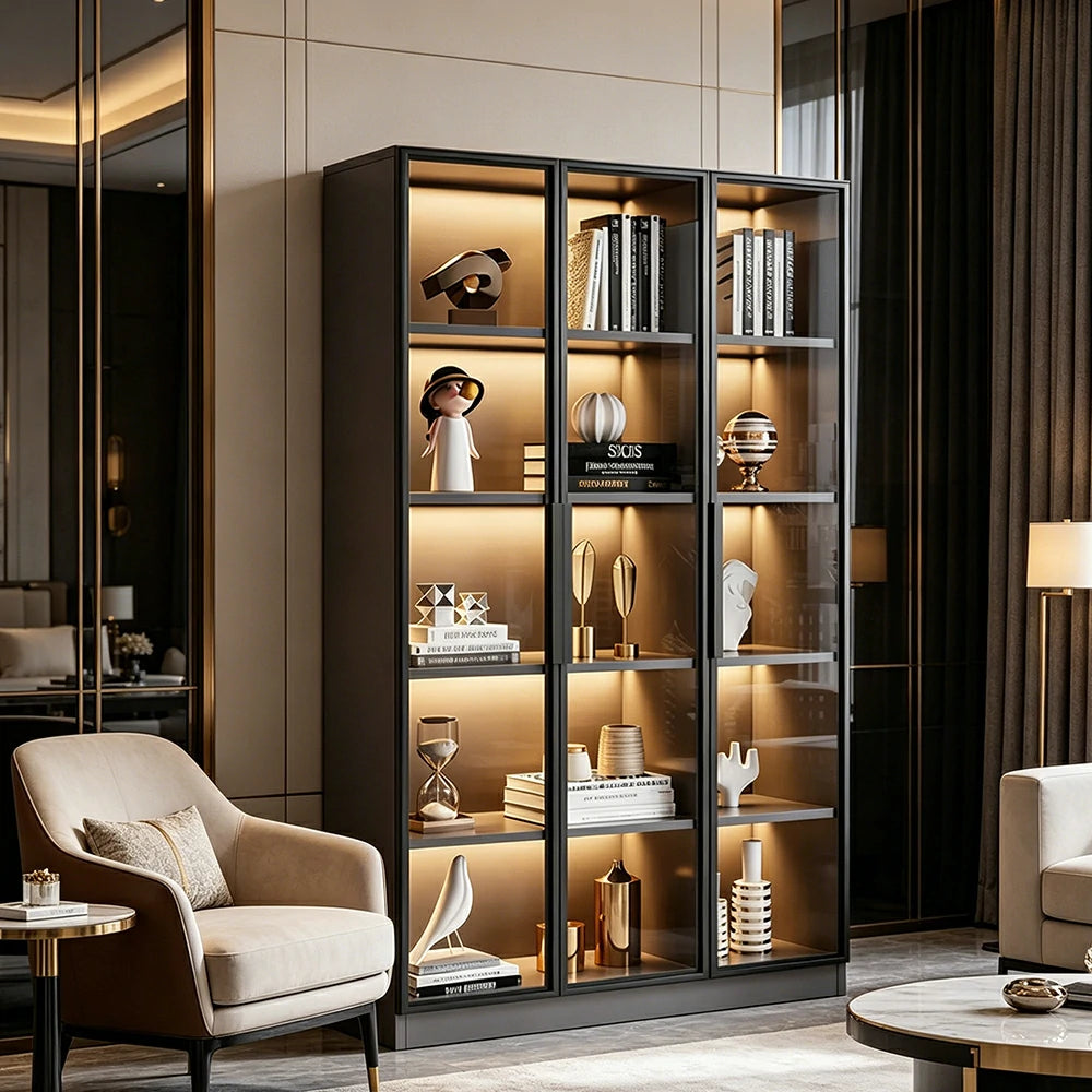 LIVARA 90/120cm 5-Tier Display Cabinet - Triple Door Tempered Glass Storage with LED Lighting for Living Room - Light Grey